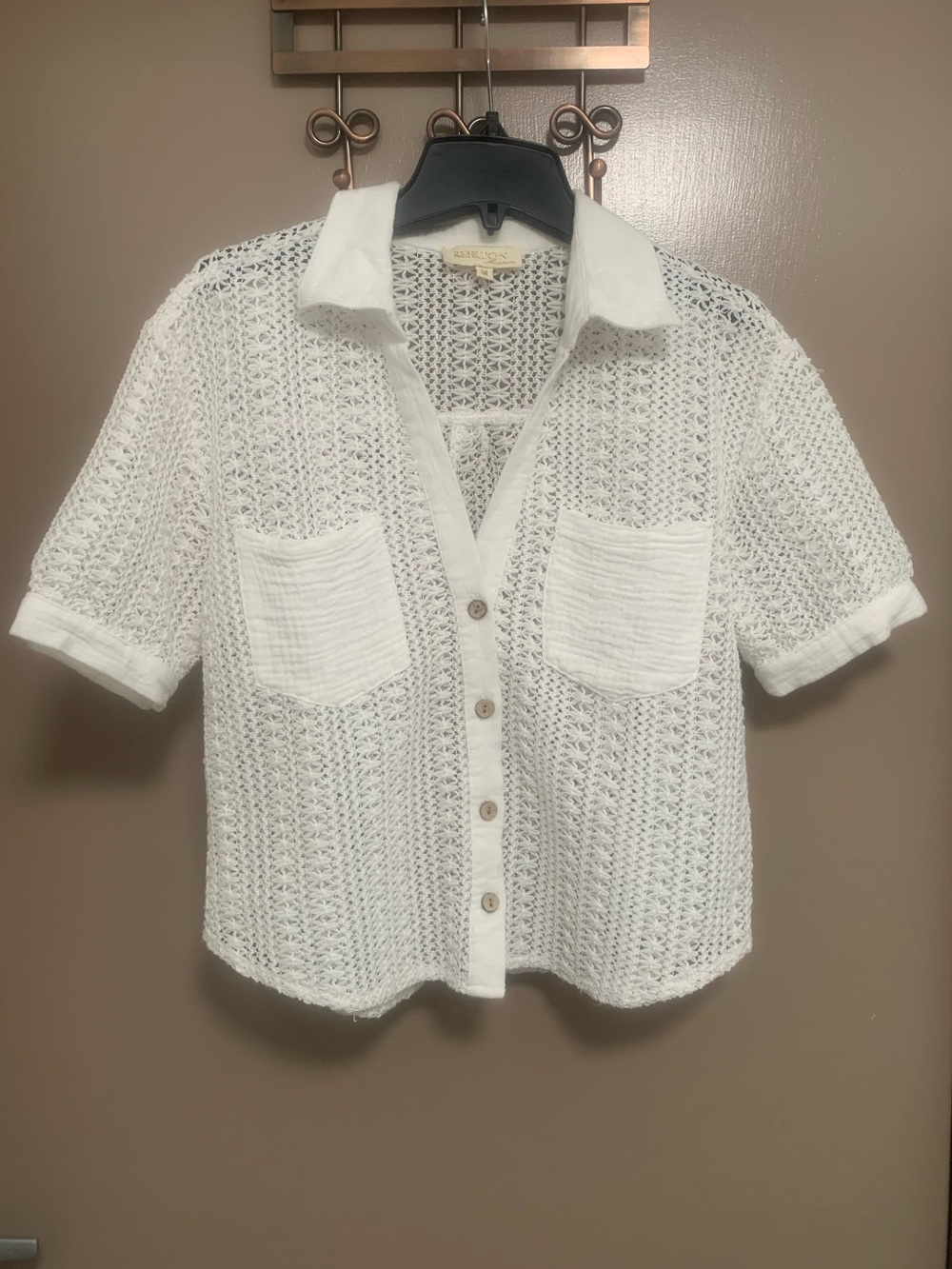 Rebellion White Cropped Crochet Button-Up Shirt